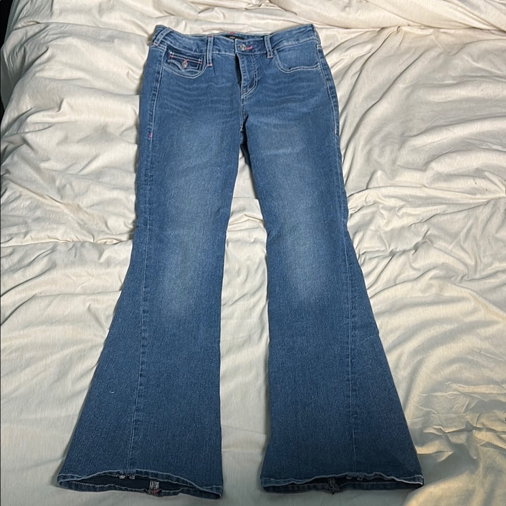 True Religion Joey 29 pink stitch Jeans mid rise flare excellent flap pockets
